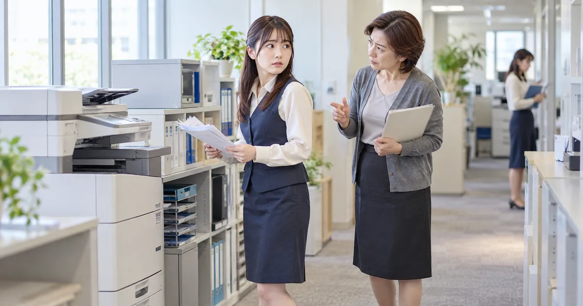 職場のコピー機付近で年上女性から話しかけられ、振り返る若い女性