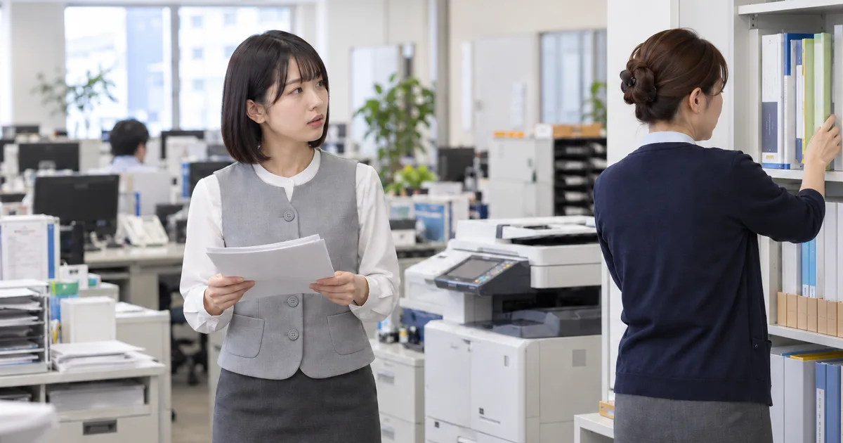 同僚が棚の資料を探す横で、書類を持って声をかける女性。