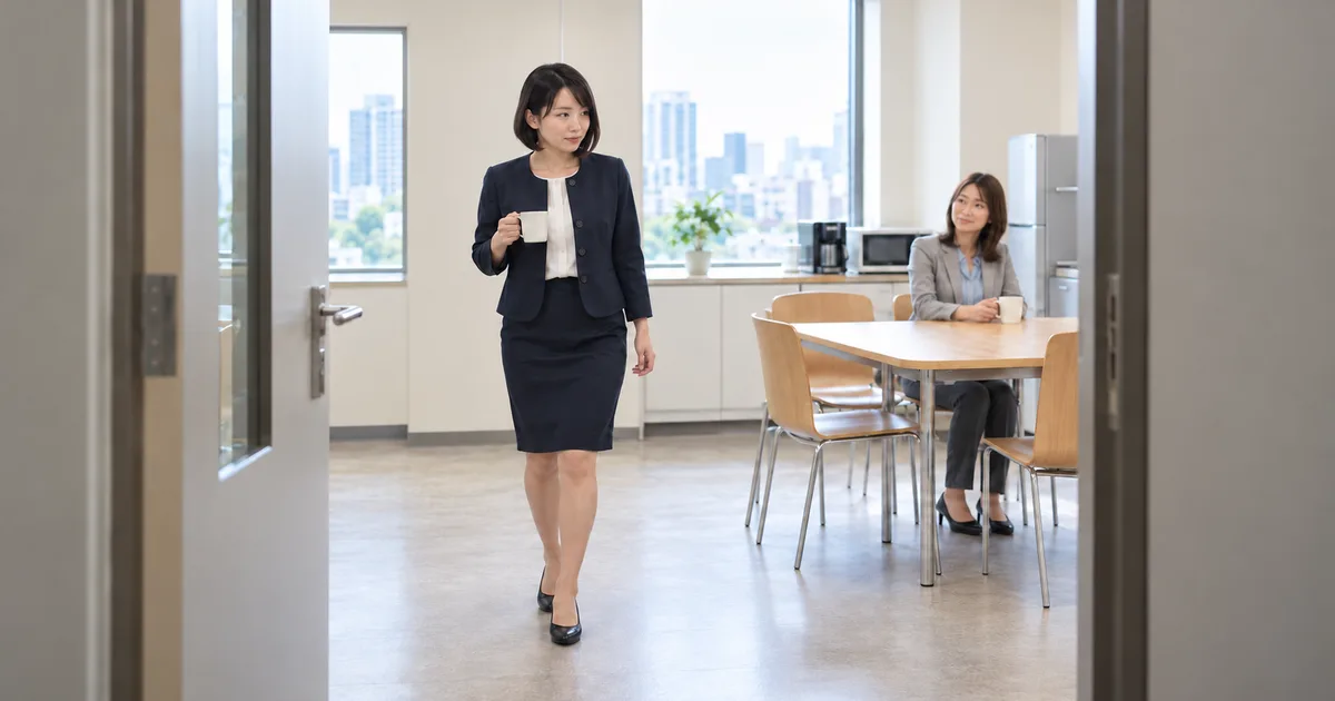 マグカップを持って職場の休憩スペースに入り、同僚へ視線を向ける女性