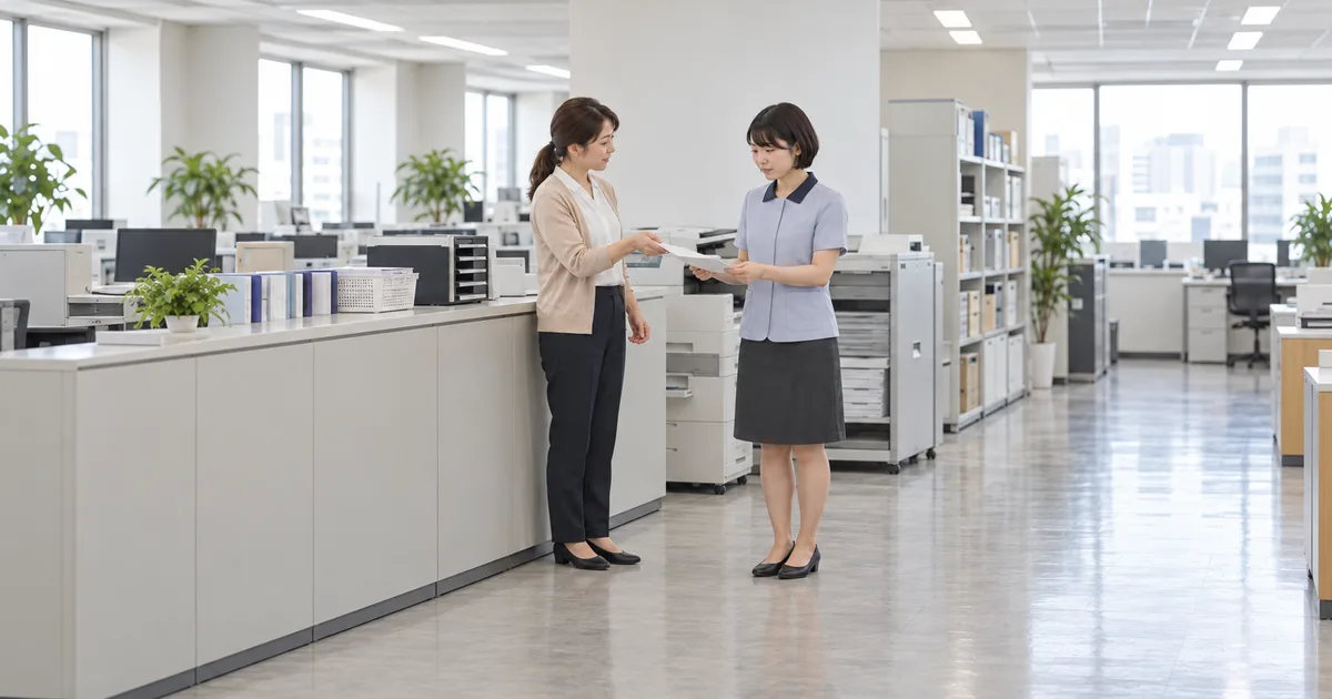 オフィスで同僚から書類を受け取る女性