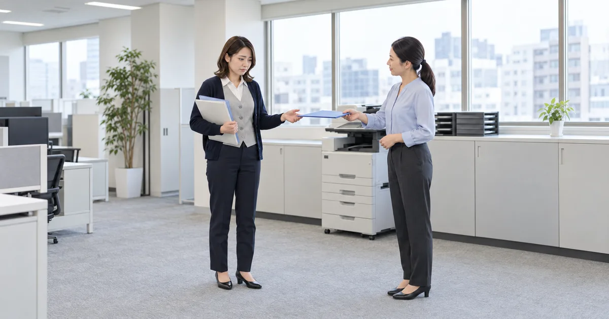 オフィスでフォルダーを抱えた女性が、同僚から追加のフォルダーを差し出されている