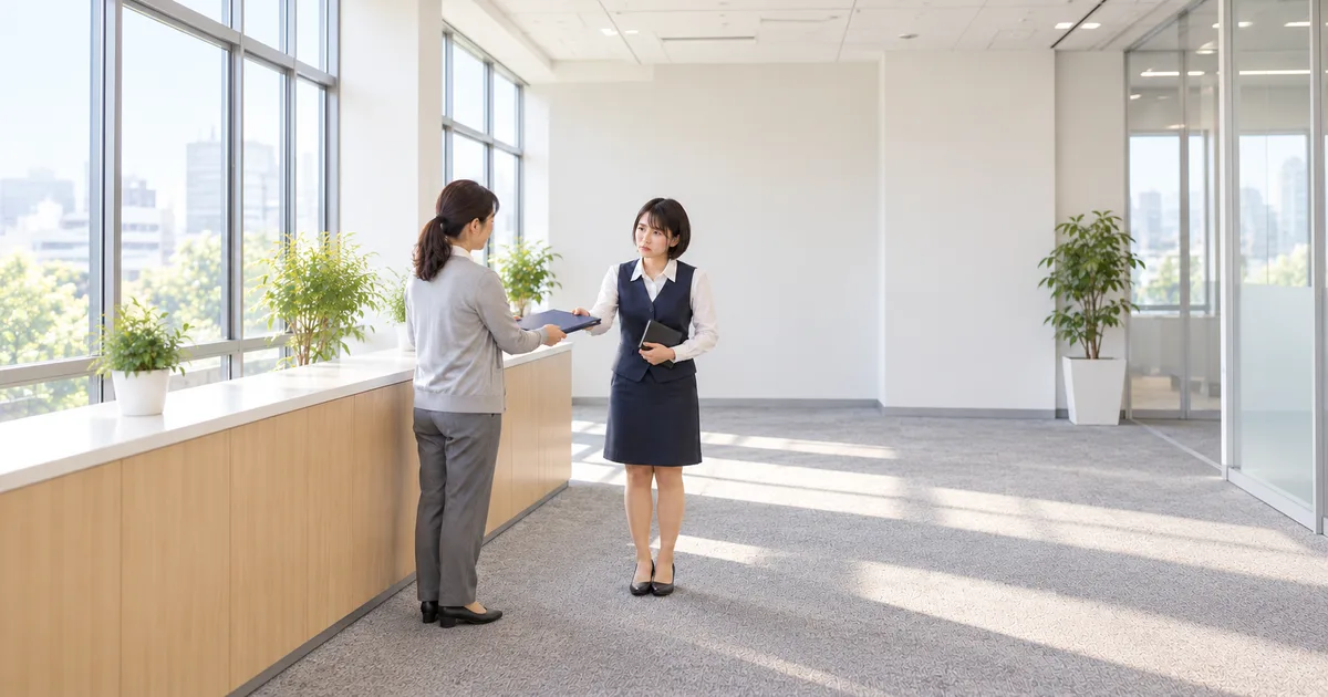 ノートを抱え、先輩から差し出されたファイルに手を伸ばすネイビーの事務制服姿の女性
