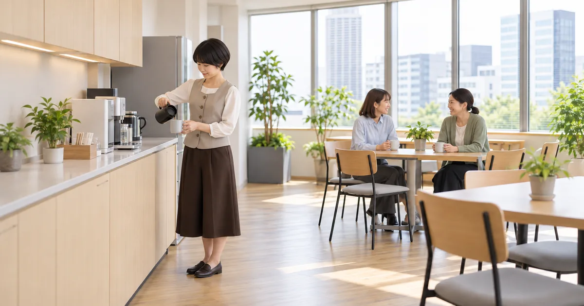 職場の休憩スペースで飲み物を注ぐ女性と、奥のテーブルで会話する同僚たち