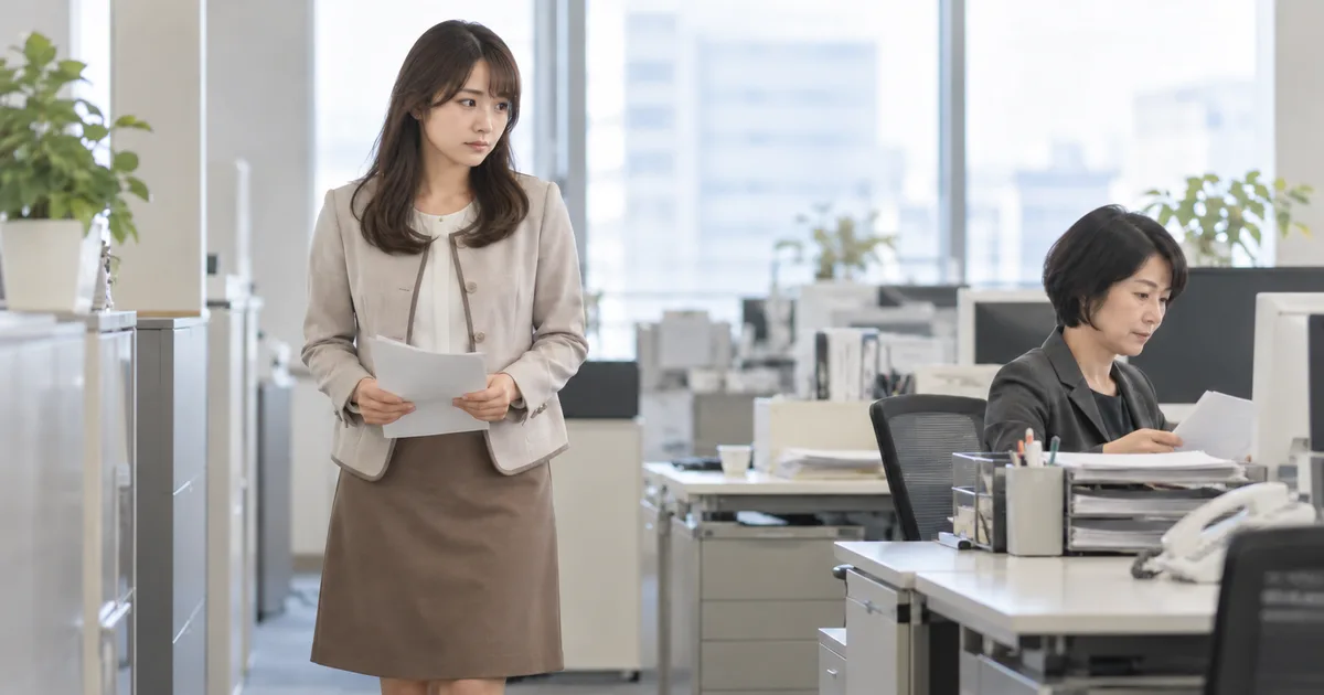 書類を持った事務制服の女性が、作業中の同僚の机の手前で立ち止まり、相手を見ている。