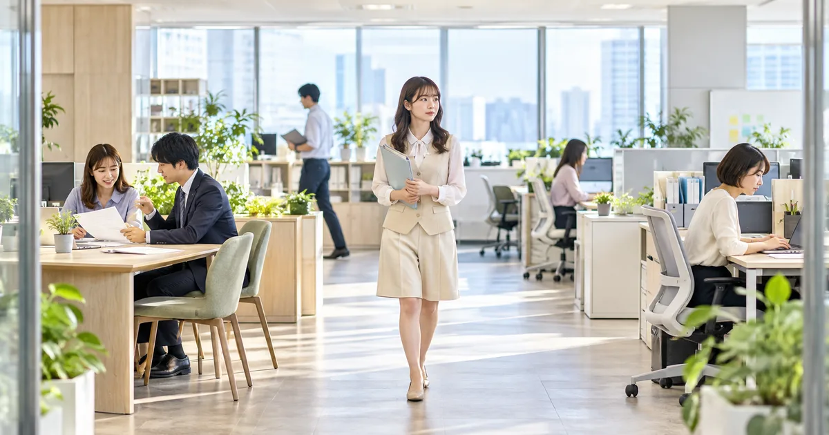 職場で女性がさまざまな働き方をする同僚を見ながら、馴染めない原因が自分だけにあるのか静かに考えている様子。