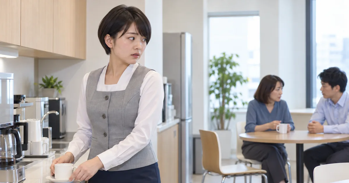 休憩室でカップをソーサーに置きながら、奥で会話する同僚へ視線を向ける女性