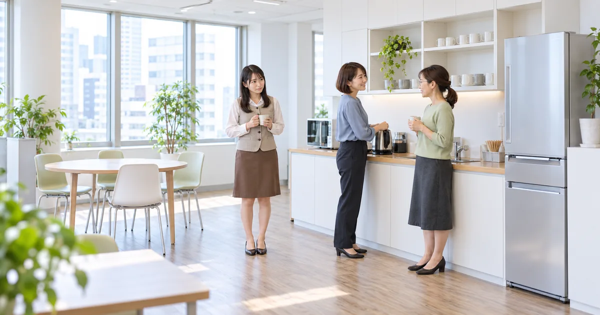 給湯スペースで話す同僚2人に顔を向け、カップを両手で持つ女性