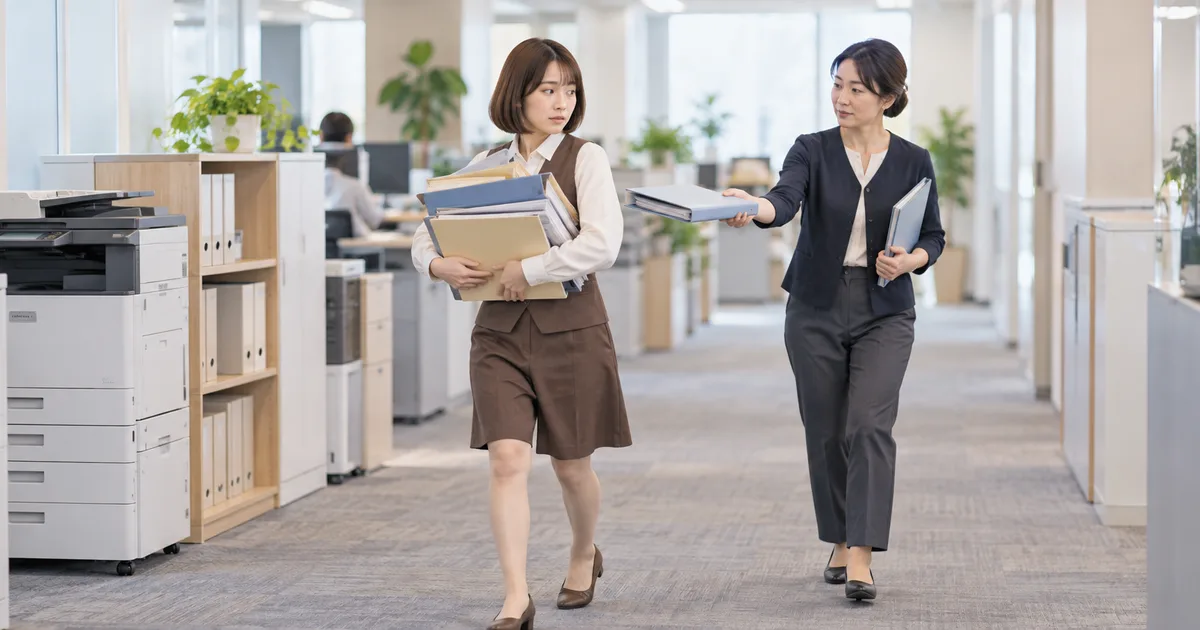 複数の仕事を抱えて移動中にさらに書類を渡される30代女性