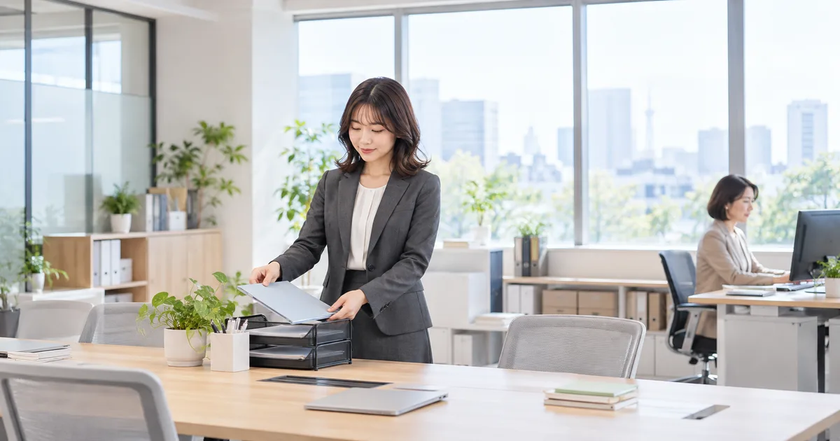 職場で20代女性が必要な仕事の書類を共有し、苦手な40代女性とは無理に近づかず自然な距離を保っている様子。