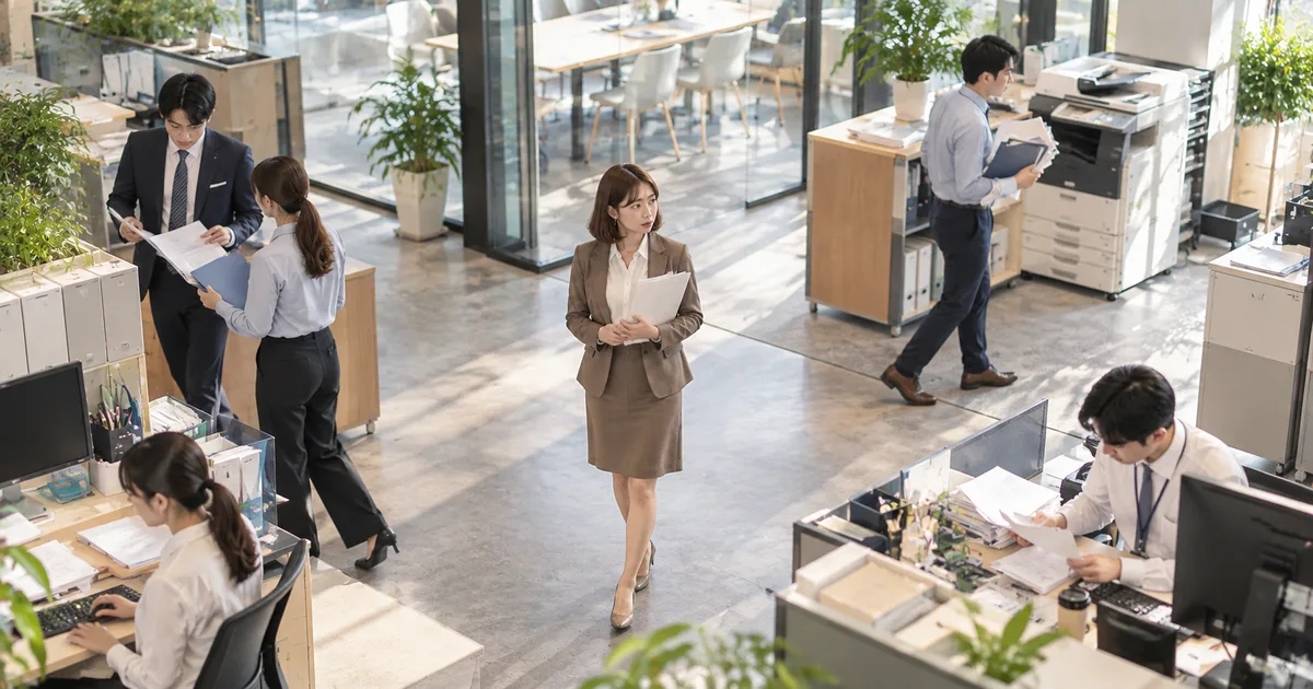 書類を抱え、周囲で別々に働く同僚の様子を見ながらオフィスを歩く女性